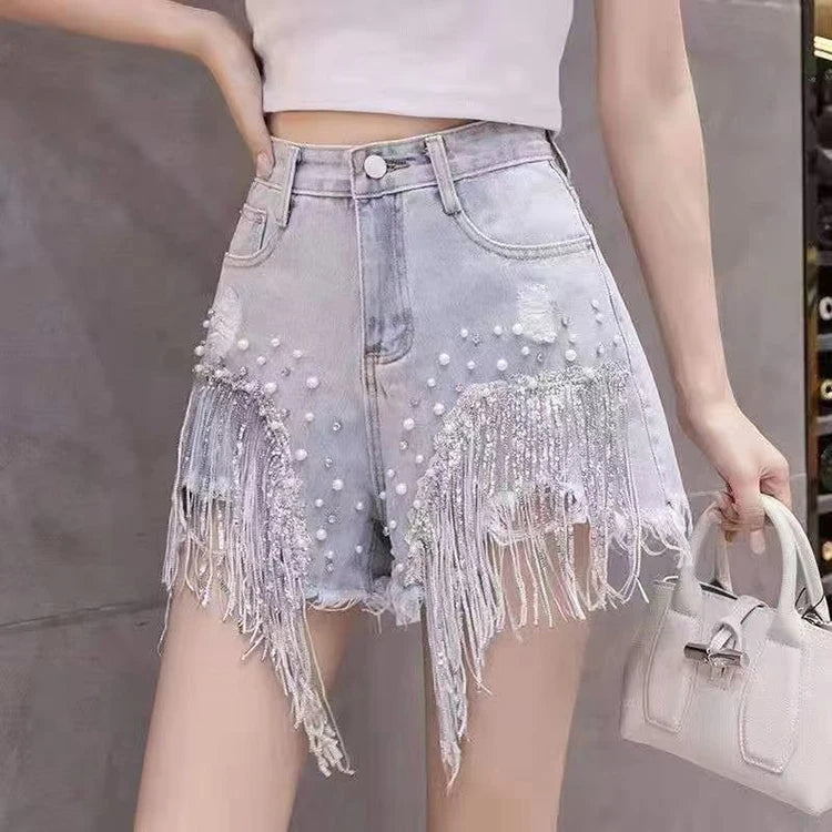 Heavy industry nail bead sequins tassel denim women niche design sense summer new versatile high-end slimming short pants
