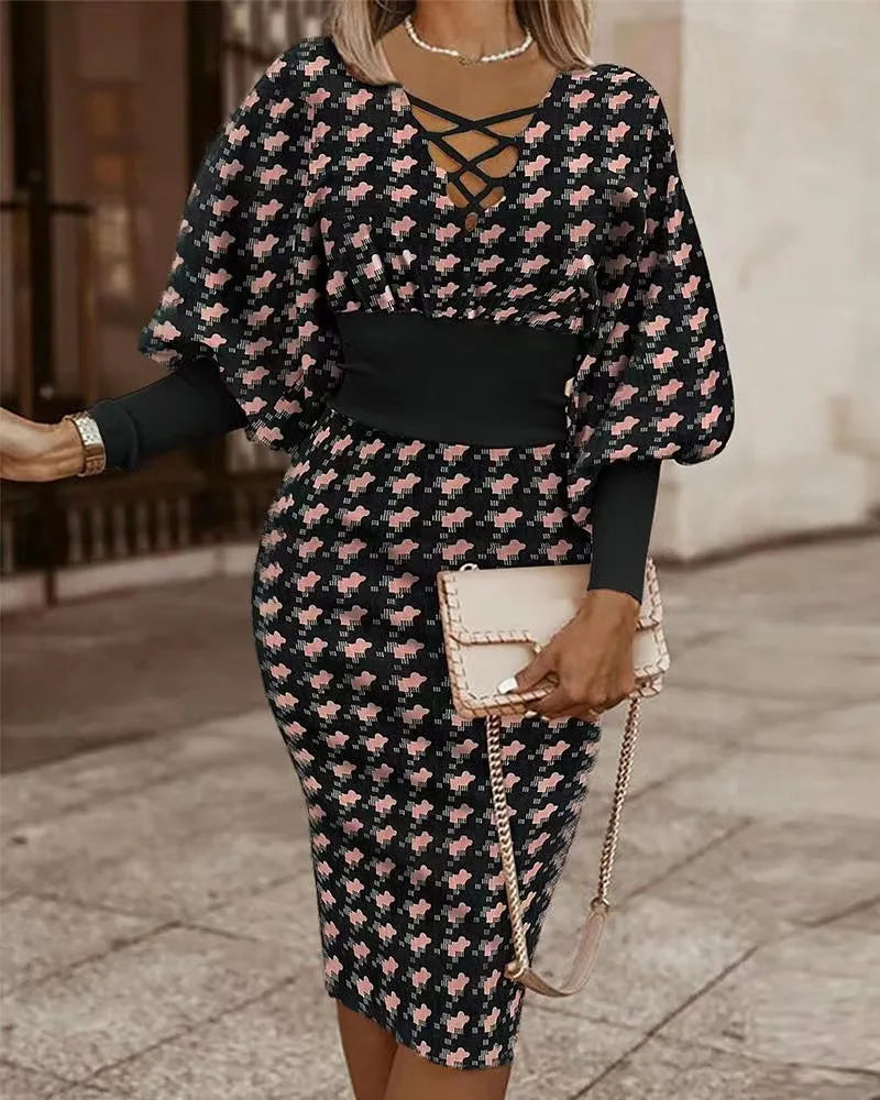 Elegant Women's Maze Printed Long Sleeved Slim Fit Dress 2024 Fashionable Woman Hollowed Out V-neck Cinched Party Club Vestiods