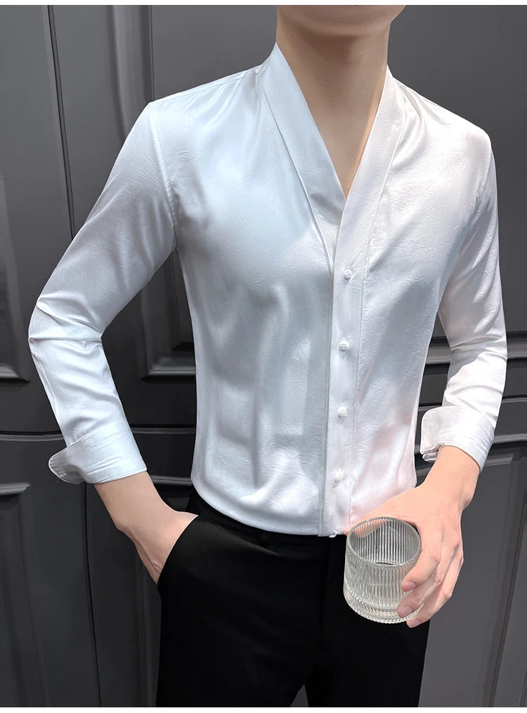 High-End Casual Shirts Men 2025 Spring British Style Slim Fit V-neck Shirt Long Sleeve Business Social Wear Men Clothing