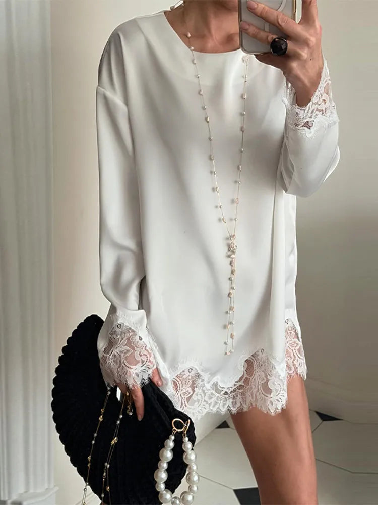 Elegant Lace Loose Dress Women Solid O-neck Full Sleeve Patchwork Dresses Female 2026 Summer White Robe Lady