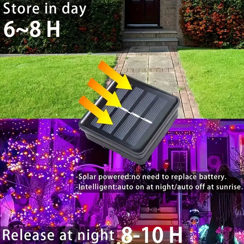 45.93ft 120LED Halloween Purple Orange LED Solar Fairy Lights Outdoor Waterproof Hanging Garden Light Fence Terrace Porch Decor