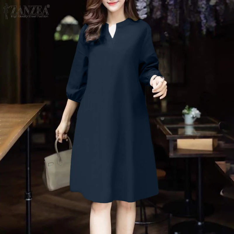 2025 ZANZEA Fashion Women V Neck 3/4 Sleeve Dress Autumn Sundress Elegant Solid OL Work Dresses Casual A Line Loose Vestido Robe