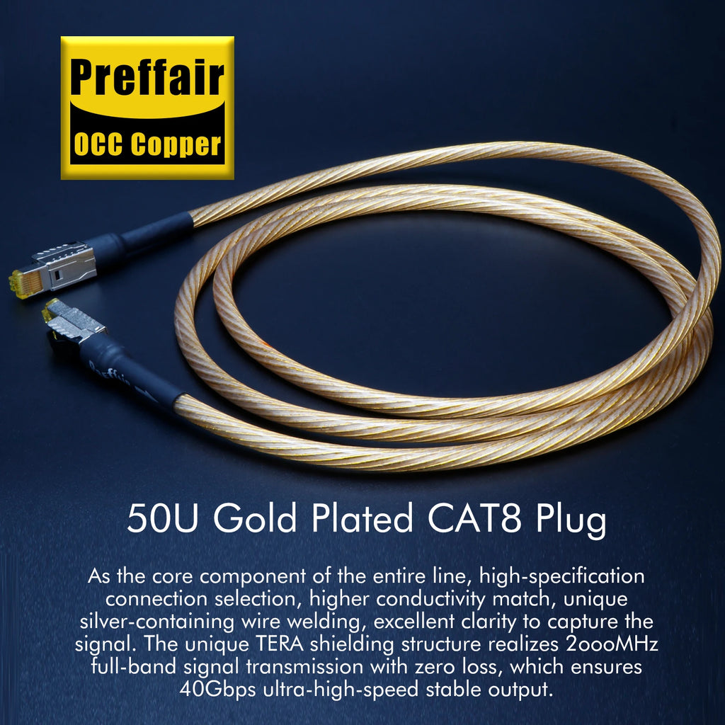 Cat8 Ethernet Cable Rj45 Interface  40Gbps 2000Mhz Speed OCC Sterling Silver Flagship Gold Cat8 Network Cable Digital Cable