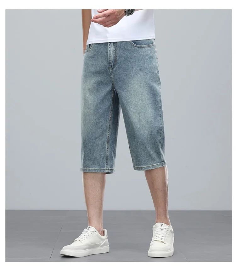 Summer men's six inch shorts over the knee thin straight tube minimalist elastic denim shorts Baggy Jeans Shorts for Men  3/4