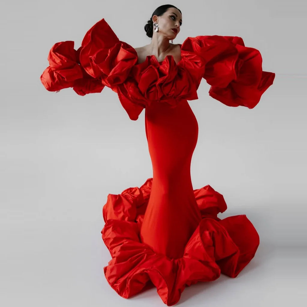 Stunning Red Dresses Off Shoulder Ruched Maxi Gown Mermaid F,oral Sleeve Party Dress Ruffles Vestido de Novia