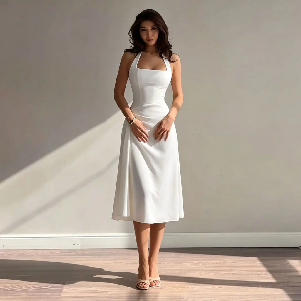 Women Satin Halter Midi Dress Square Neck Ruched Split Slim Long Dress Elegant Wedding Guest Evening Party Sleeveless White Dres