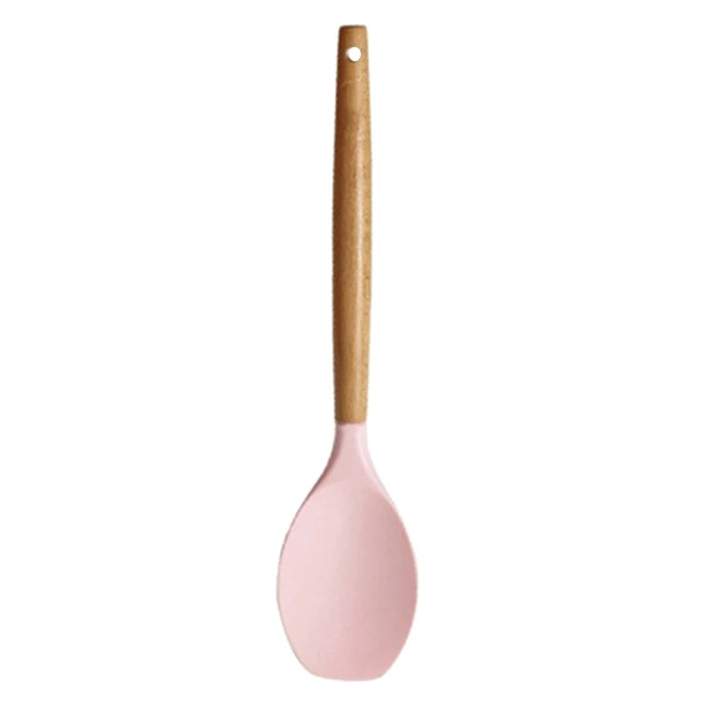 1Pc Silicone Spatula Scoop With Wooden Handle Salad Agitator Pot Scoop Home Cooking Utensils Kitchen Gadgets