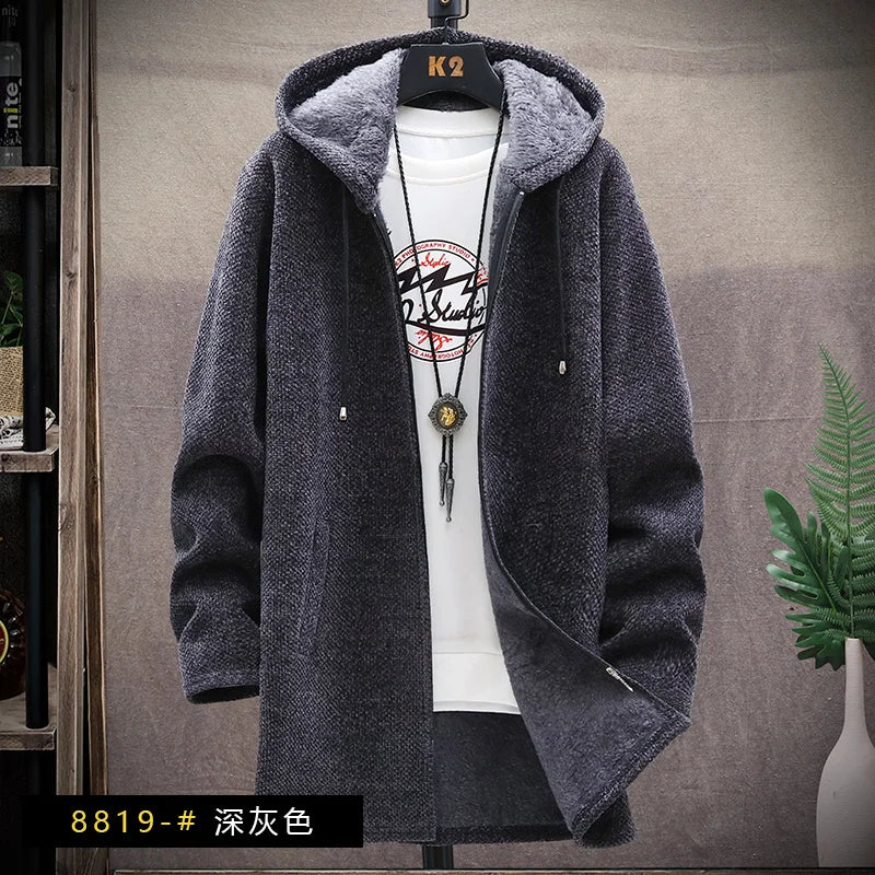 Men's Knitted Sweater Cardigan Thickened Fleece Hooded Casual Style Warm Outerwear Autumn Winter New Arrival Korean Version