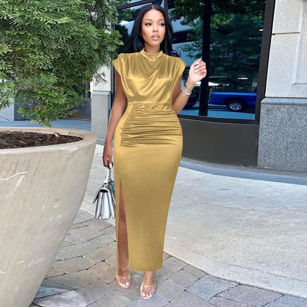 Customized Customized European and American Women's New Colored Satin Zipper Split High Grade Dress Long Floor Length Dress