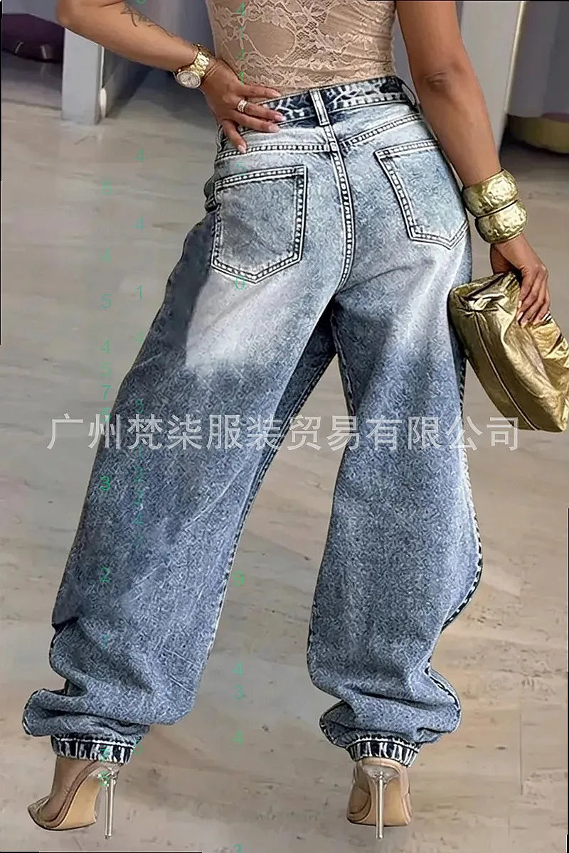 Vintage Washed Denim Jeans Women Y2K Faux Two Piece Design Jumpsuit Pants Overall