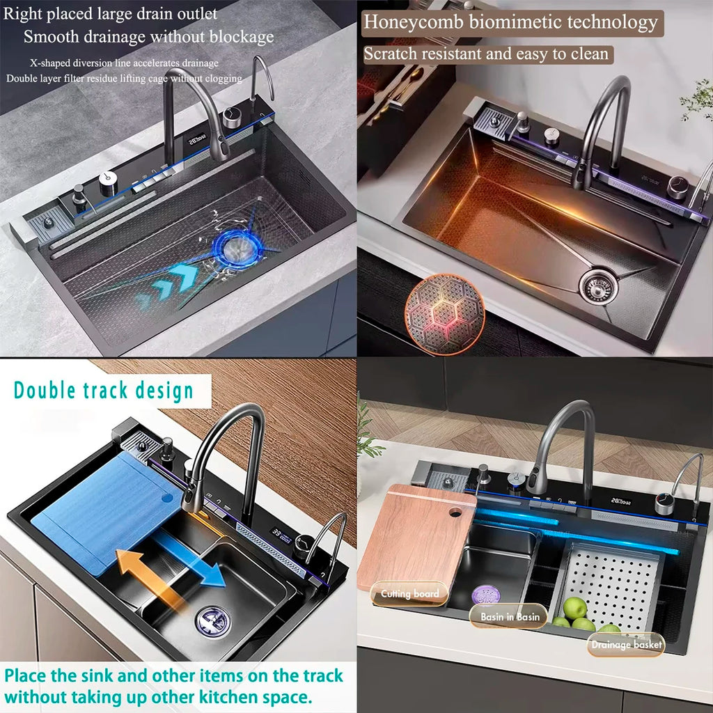 Kitchen Sink Faucet Large Integrate Digital Display Multi-Function Buttons Waterfall Soap Dispenser Cup Washer Kitchen Sink