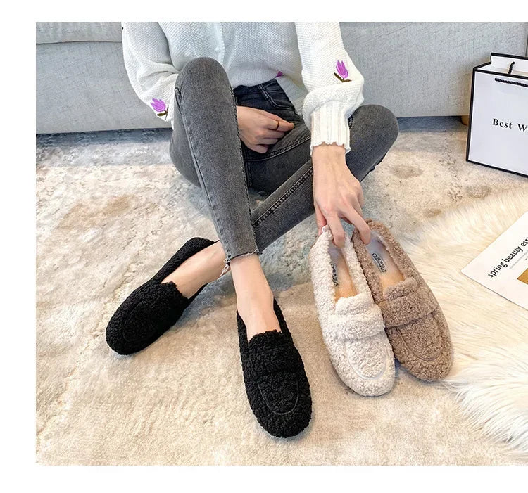 Lambwool Moccasins Femme Curly Sheep Fur Flats Woman Warm Plush Loafers Winter Cotton Shoes Women Furry Snow Boot