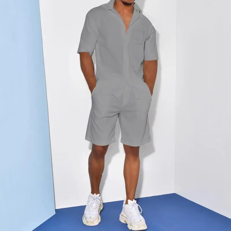 2026 Men's Summer Solid Casual Sets Comfy Cotton Linen Short Sleeve Lapel Shirt and Shorts Two Piece Sets Men Loose Sport Outfit