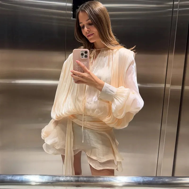 Elegant Shiny Pleated Mini Dress Women Lantern Sleeve Lace Up V Neck Vestidos 2026 Lady Spring New Evening Party Vacation Robes