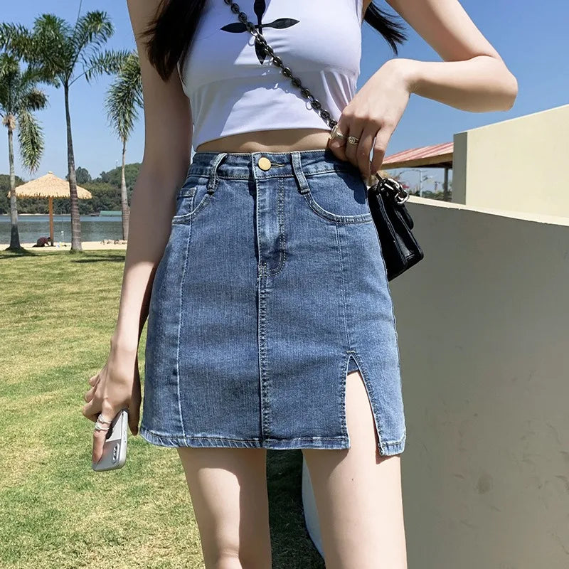 Denim Short Skirt Women's New Summer High Waist Split Half Body Retro Wrapped Hip Skirt  A-line Pant Skirt