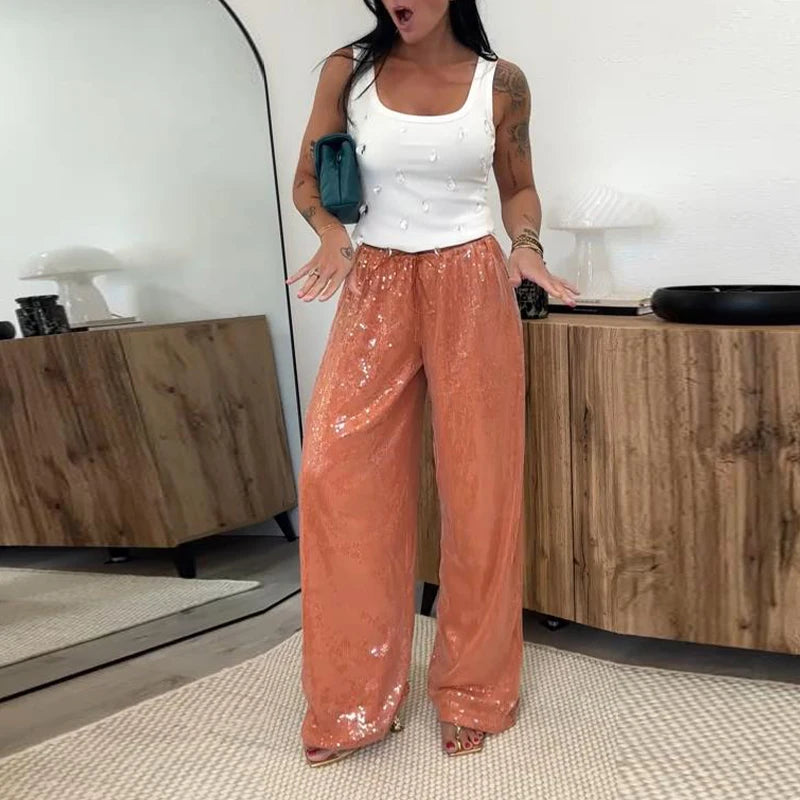 Y2K Sequin Lace Up Pants Women Elastic Low Waist Wide Leg Trousers Female 2026 Spring Summer Lady Shiny Party Clubwear Street