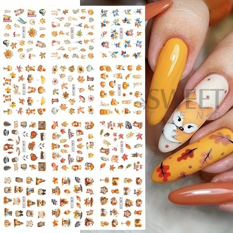 12 Designs Autumn Maple Leaf Squirrel Pumpkin Water Nail Stickers Fall Season Element Watermark Sliders DIY Manicure Decal Foils