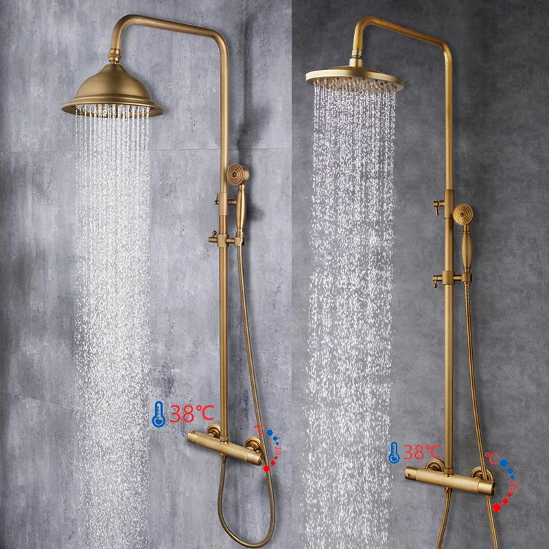 JIENI Bathroom Thermostatic Shower Faucet Set Antique Brass Wall Mounted Rainfall Shower Head W/ Single Handle Control Mixer Tap