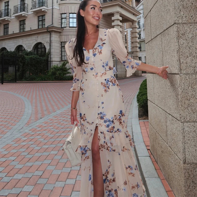 Sexy Print Women Long Dress Urban V-neck Single Breasted Ruffles Half Sleeve Female Dresses 2026 Spring Autumn Lady Robe