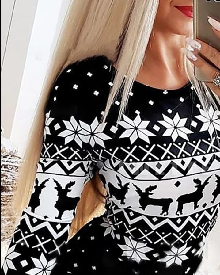 Christmas Women's Dresses 2024 Autumn Long Sleeve Fashion Snowflake Elk Print Casual O-Neck Daily Skinny Mini Dress
