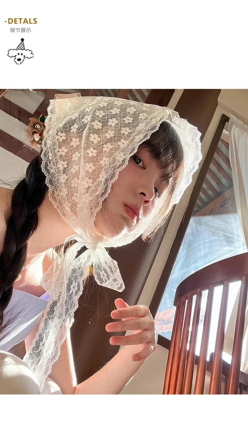 Summer Headwear Headdress with French Pastoral Triangle Hair Scarf Women Girls Lace Band