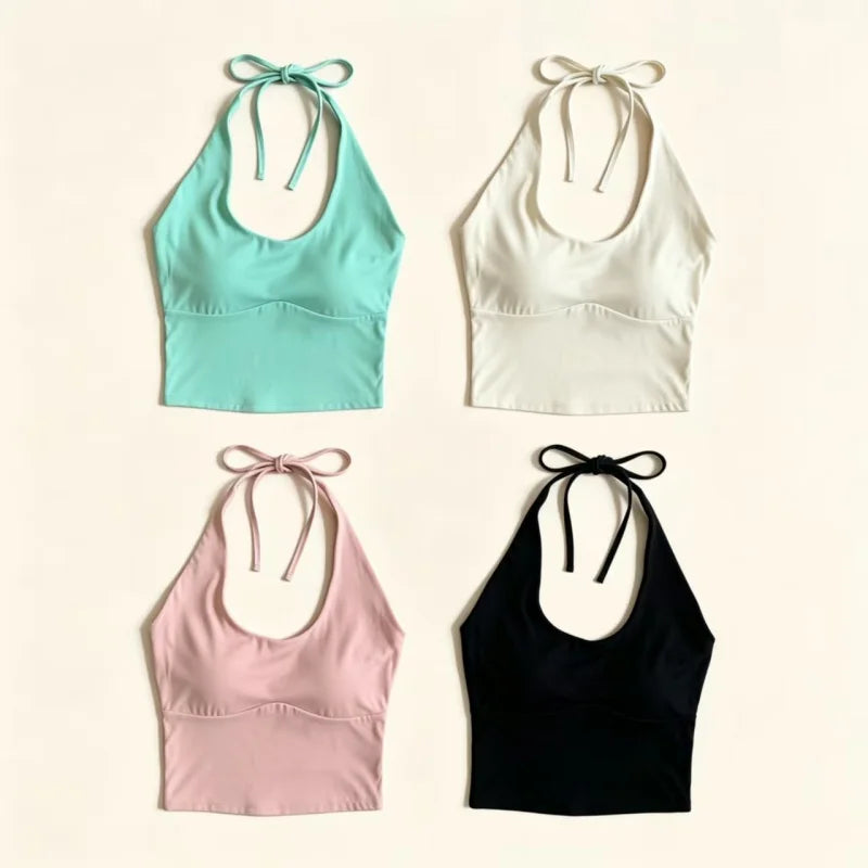Women Halter Tie‑Up U‑Neck Yoga Sports Top Stylish Design Breathable Comfortable Integrated Fixed Cup Cropped Tank Top Fitness