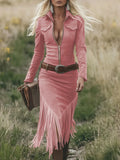 Denim Suede Fringed Slim Fitting Western Long Sleeved Dress
