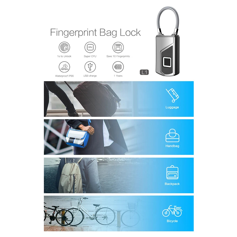 Intelligent Fingerprint Lock Portable Keyless Fingerprint Padlock Waterproof USB Rechargeable for Door Suitcase Backpack Locks