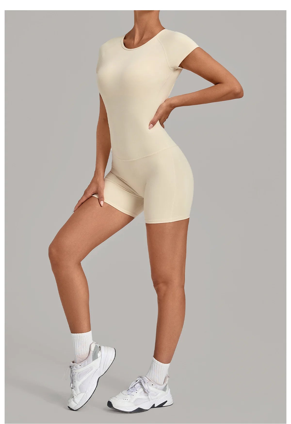 Women Short Sleeve Open Back Yoga Bodysuit Squat Proof Short Jumpsuit Gym Pilates Running Workout Fitness Sport Activewear