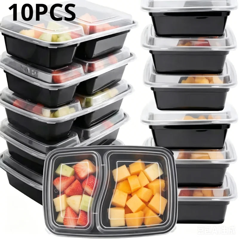 10PCS Disposable Food Boxes with Lids Two Compartments Disposable Portable Bento Boxes Storage Fruit Takeaway Food Container