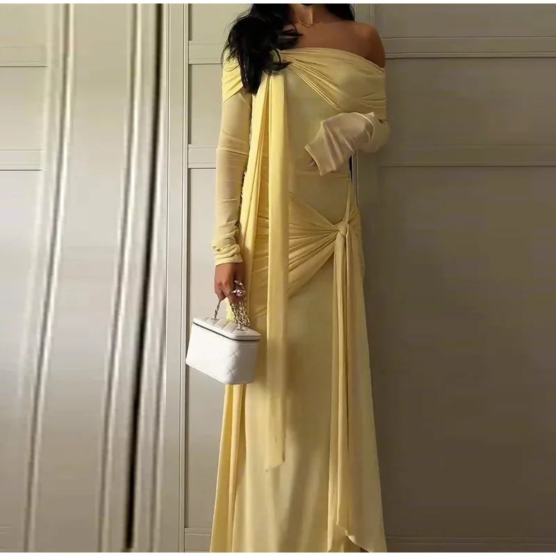 Elegant Solid Lace Up Dress Women's Off The Shoulder Long Sleeve Draped Dresses 2026 Spring New Female Chic Party Robes ﻿