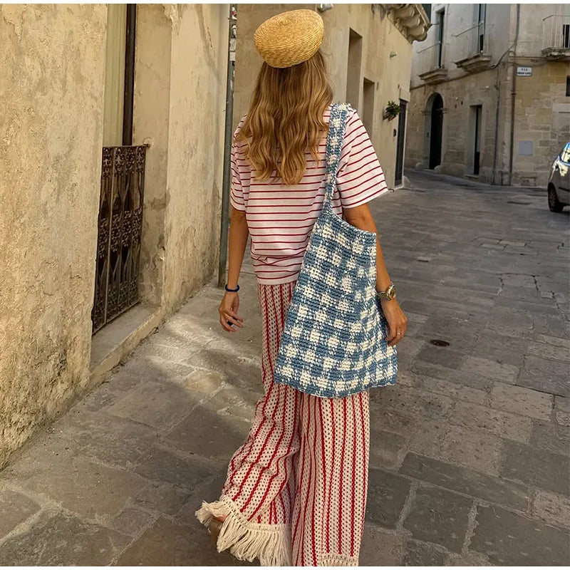 Halter Vertical Striped Fringe Two Piece Set Sleeveless Tank Top Loose Wide Leg Pants Women 2026 Summer Holiday Beach Chic Suit