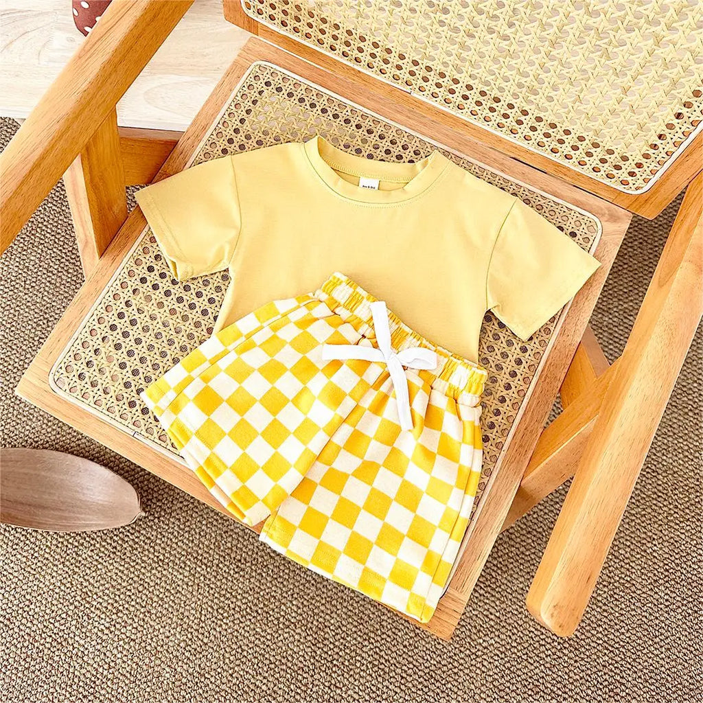 2PCS Kids Clothes Baby Boys Girls Solid Color Short Sleeve T-shirt Plaid Pattern Shorts Sets Baby Clothing Sets 0-3Y