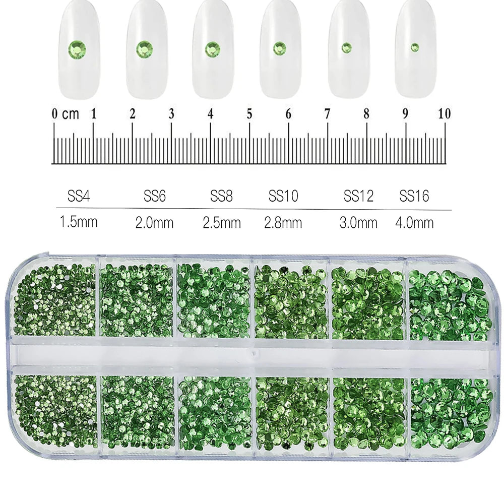 12Grid/1500PCS Shiny Crystal Nail Art Rhinestones SS4-16 Silver 3D Flatback Semicircler Nail Charms Gemstones for DIY Decoration