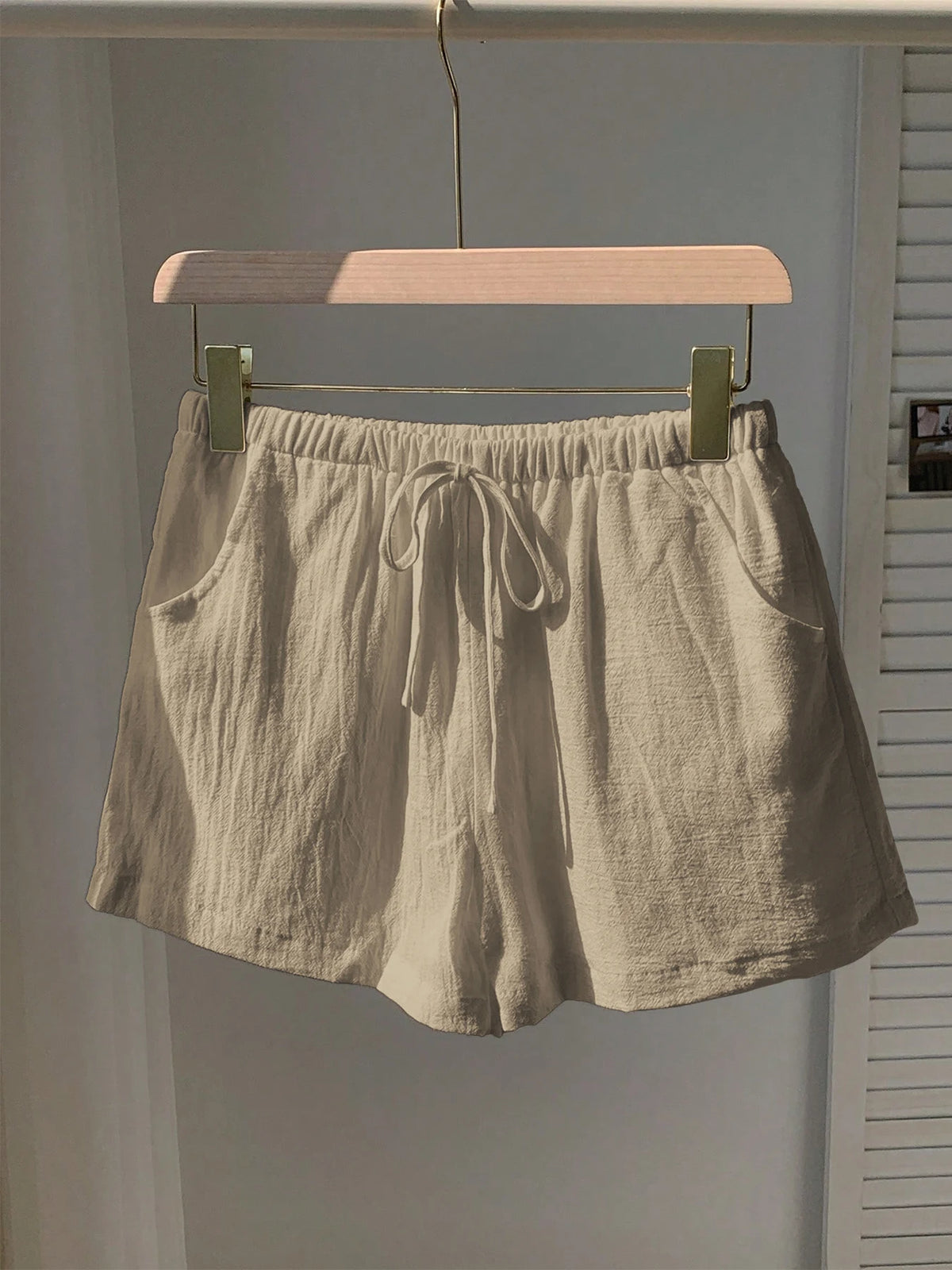Ladies New Spring Summer Linen Solid Color Casual Sports Elastic Waist Drawstring Short Pants