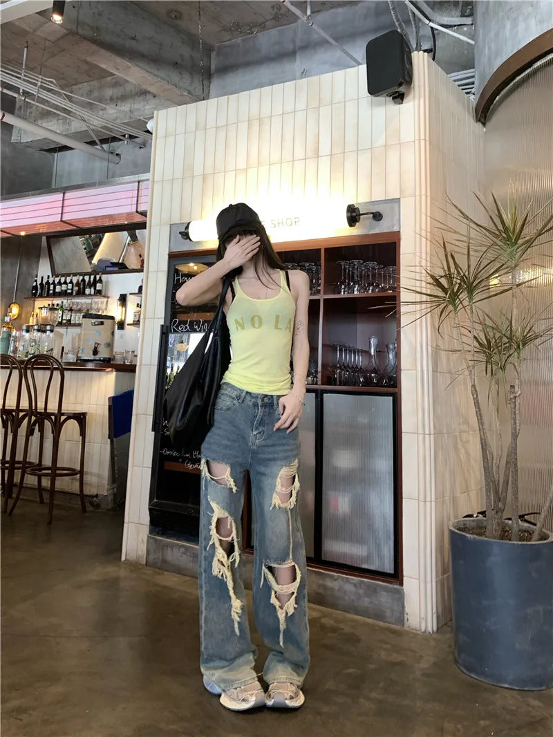 Retro Ripped Jeans for Women Summer High Waisted Loose Straight Leg Pants 2026 New Casual High Street Wide Leg Denim Trousers