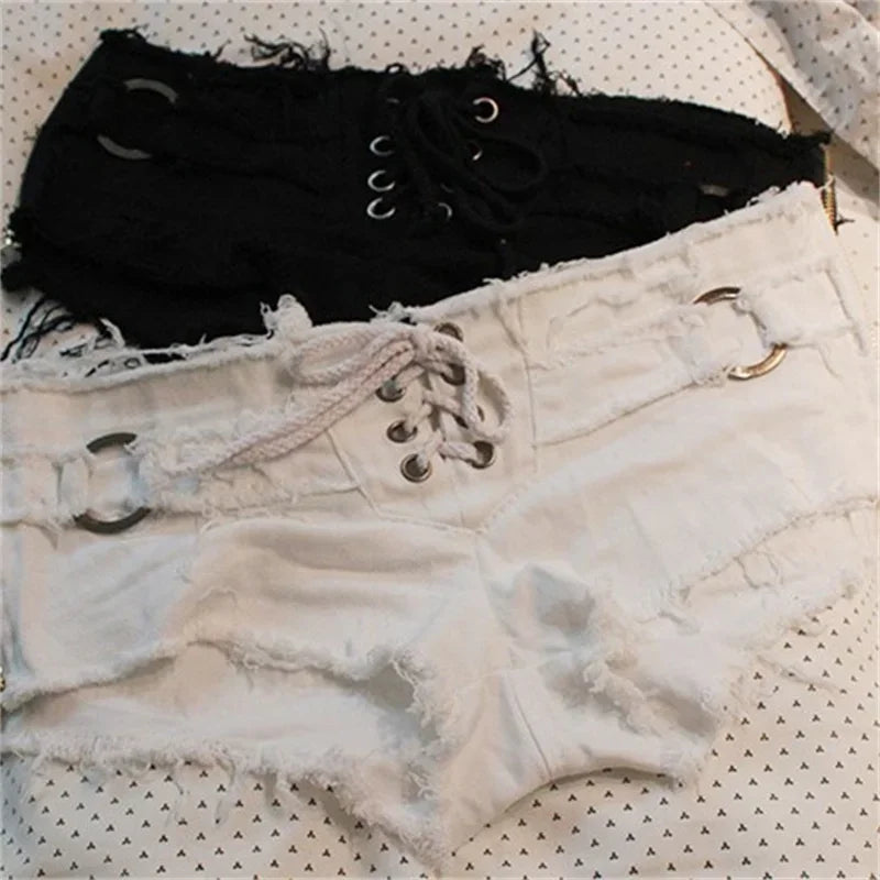 Women Side Zipper Splice Denim Shorts Lace-up Open Crotch Ultra-short Trousers Casual Three Quarter Pants Female Sexy Streetwear