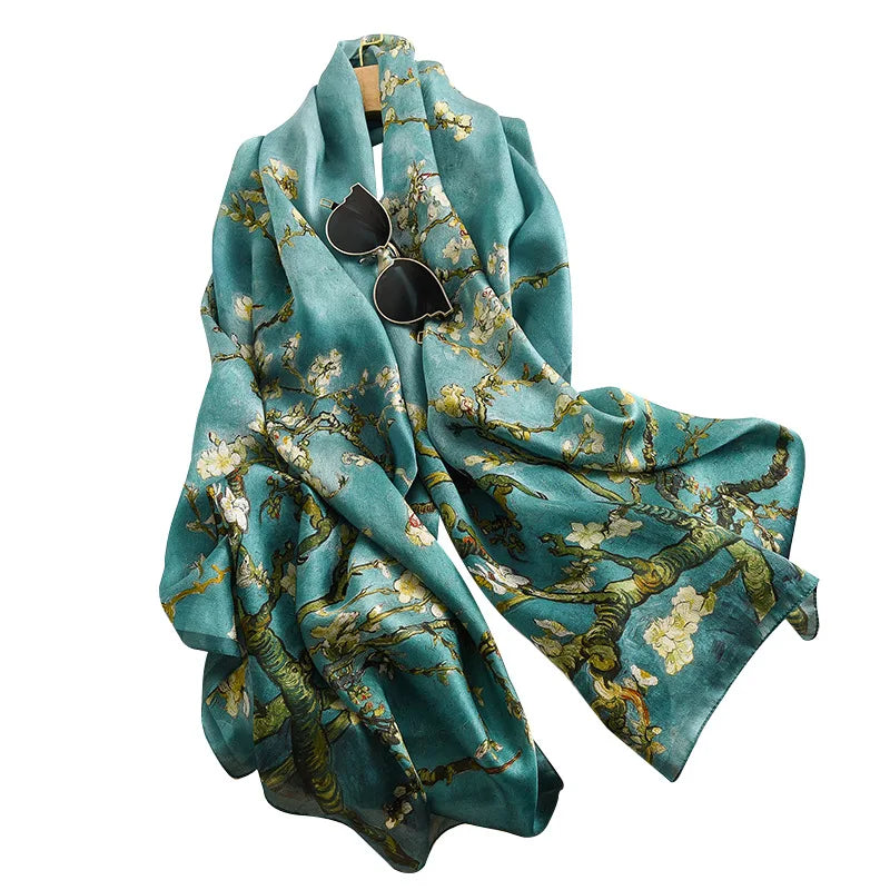 Birdtree, 9MM 100%Real Silk Scarf Shawl, Thin Plum Bossom Summer Beach Shawls Scarfs, Fall Winter Neck Head P36714QM