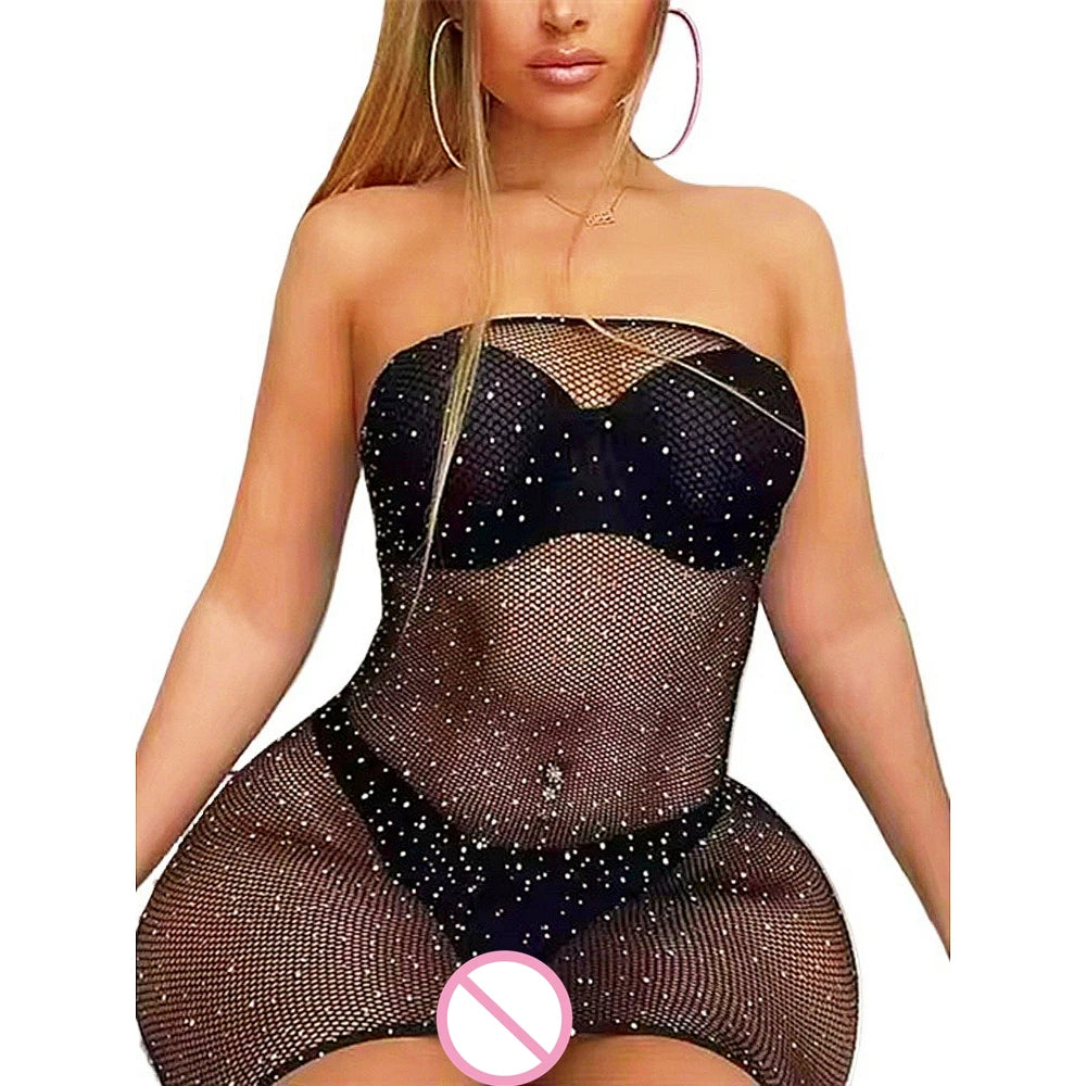 Strapless Women Sexy Dress Lace Lingerie Teddy Mesh Babydoll Nightgown Mini Dresses Hollowed Diamonds Sex Dresses Outfits
