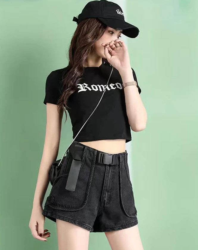 Punk Womens Denim Shorts Cargo Black Biker Short Pants For Women To Wear With Waist Pocket Outdoor Offer High Quality Hot Jeans