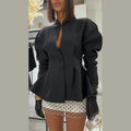 Elegant Stand Collar Blazer Women Solid Full Sleeve Button Pleated Slim Jackets 2026 Fashion Spring Waist-closed Coat Lady