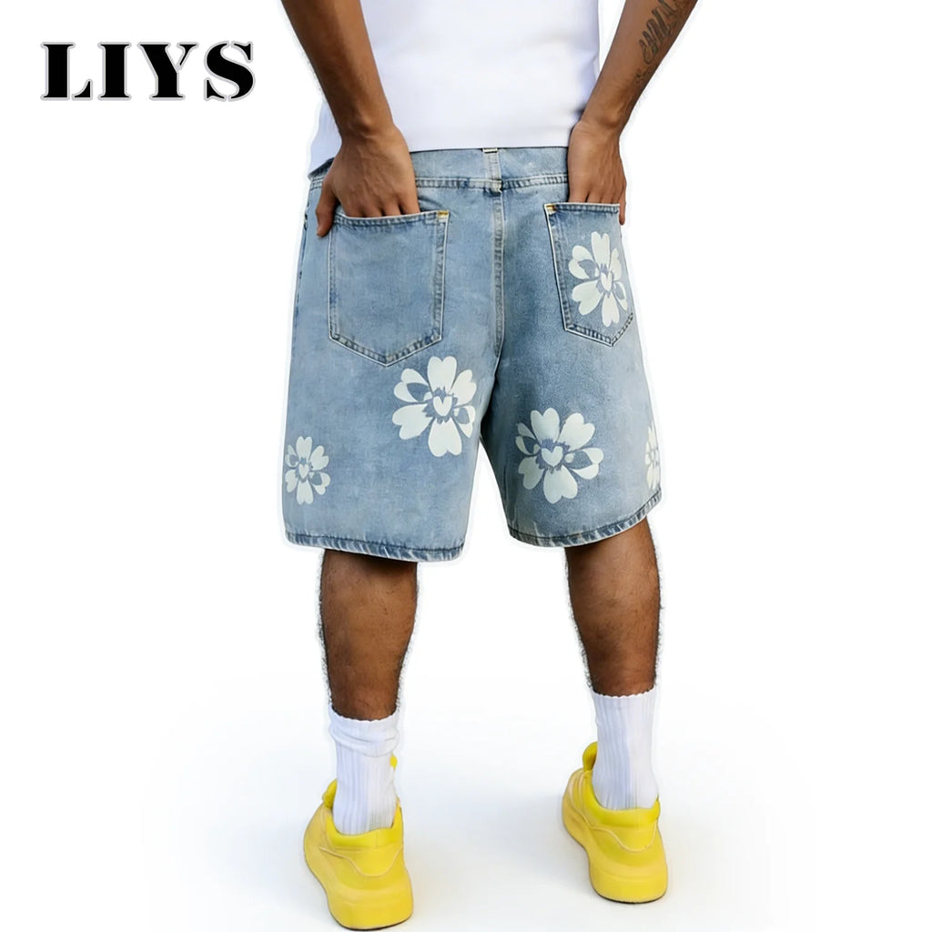 LIYS Fresh Delicate Style Flower Print Fashionable Wide Leg Men's Jeans Y2K Casual Elegant Bermuda Denim Shorts Couple Pants