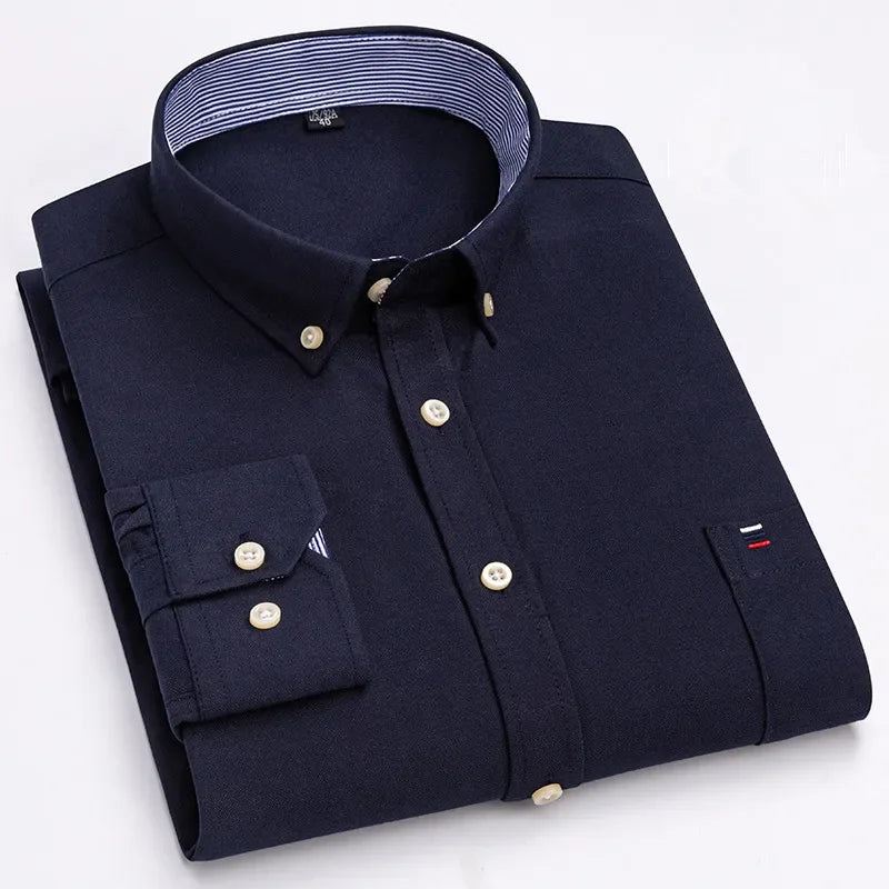 Men's 100% Cotton Smart Casual Shirt Long Sleeve Plaid Oxford Casual Solid Color Print Regular Fit Dress Shirt Oversized  6XL