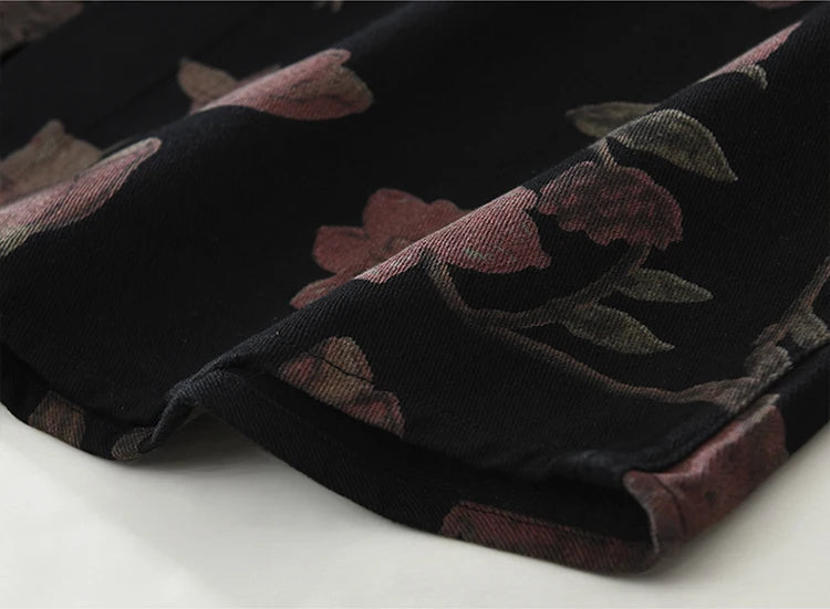 2025 Autumn New Casual Floral Print Shirt for Men Cotton Loose Long Sleeve Rose Denim Shirts Fashion Men's Clothing