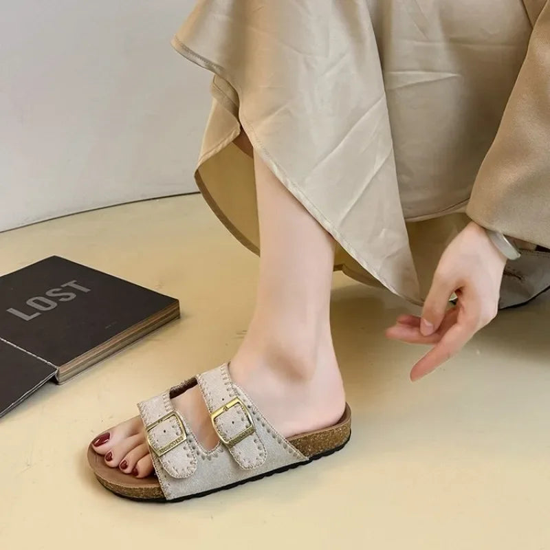 Women's Flat Slide Sandals Open Toe Suede Look Double Buckle Strap Slip on Whipstitch Detail Casual Summer Daily Walking Shoes