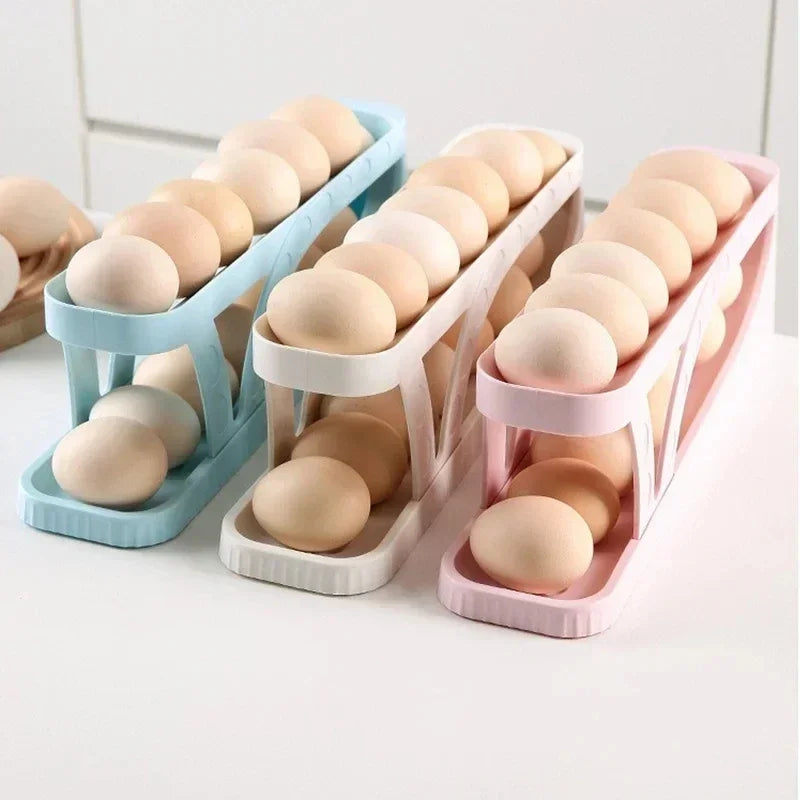 Double Layers Egg Storage Box Refrigerator Automatic Rolling Slide Egg Rack Refrigerator Side Door Freshness Box Kitchen Storage