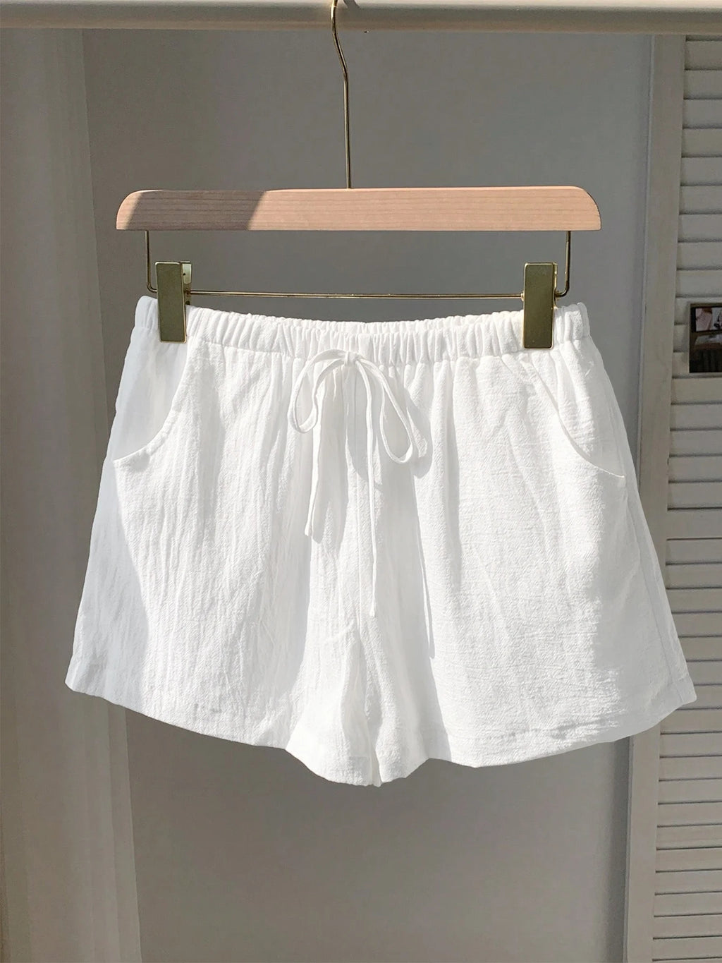 Ladies New Spring Summer Linen Solid Color Casual Sports Elastic Waist Drawstring Short Pants