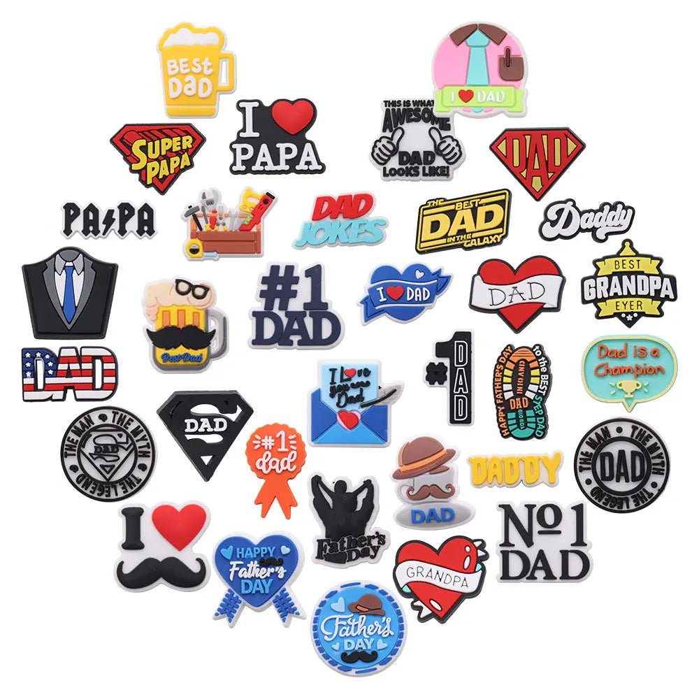 1-34PCS Cartoon Papa Happy Father's Day Best Dad Heart PVC Shoes Charms Accessories Buckle Clog Decorations DIY Bracelet