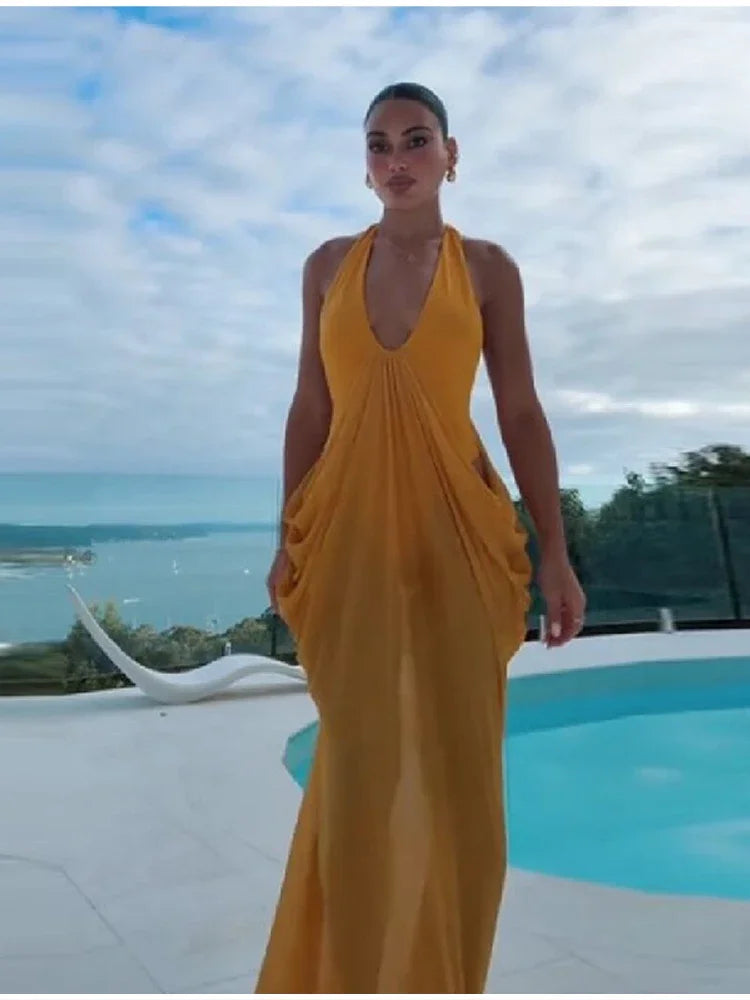 Chic Bohemian Yellow Dress Draped Chiffon Vintage Women Dresses Party Summer Vacation Beach Trendy Streetwear