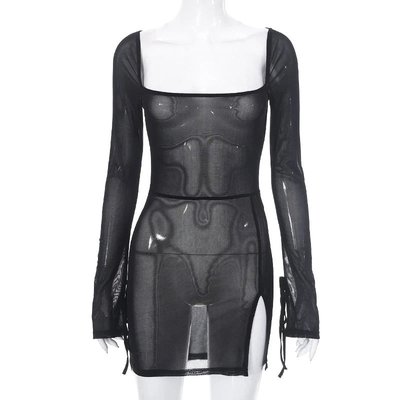 Women's Square Collar Mini Dress Y2K Gauze Long Sleeve Sheer Sexy Night Outfit Clubwear Solid Color